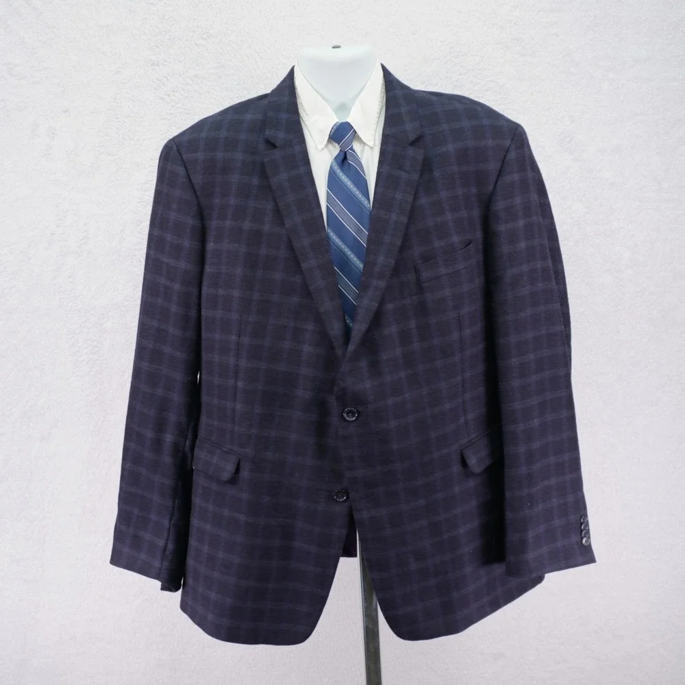 Tommy Hilfiger Soft Flannel Worsted Wool Sport Coat 48R Blue‎ Windowpane Tag 50L